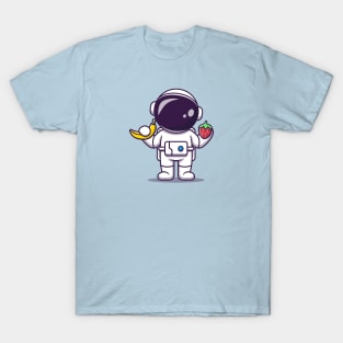 Cute Astronaut Holding Banana And Strawberry Cartoon T-Shirt